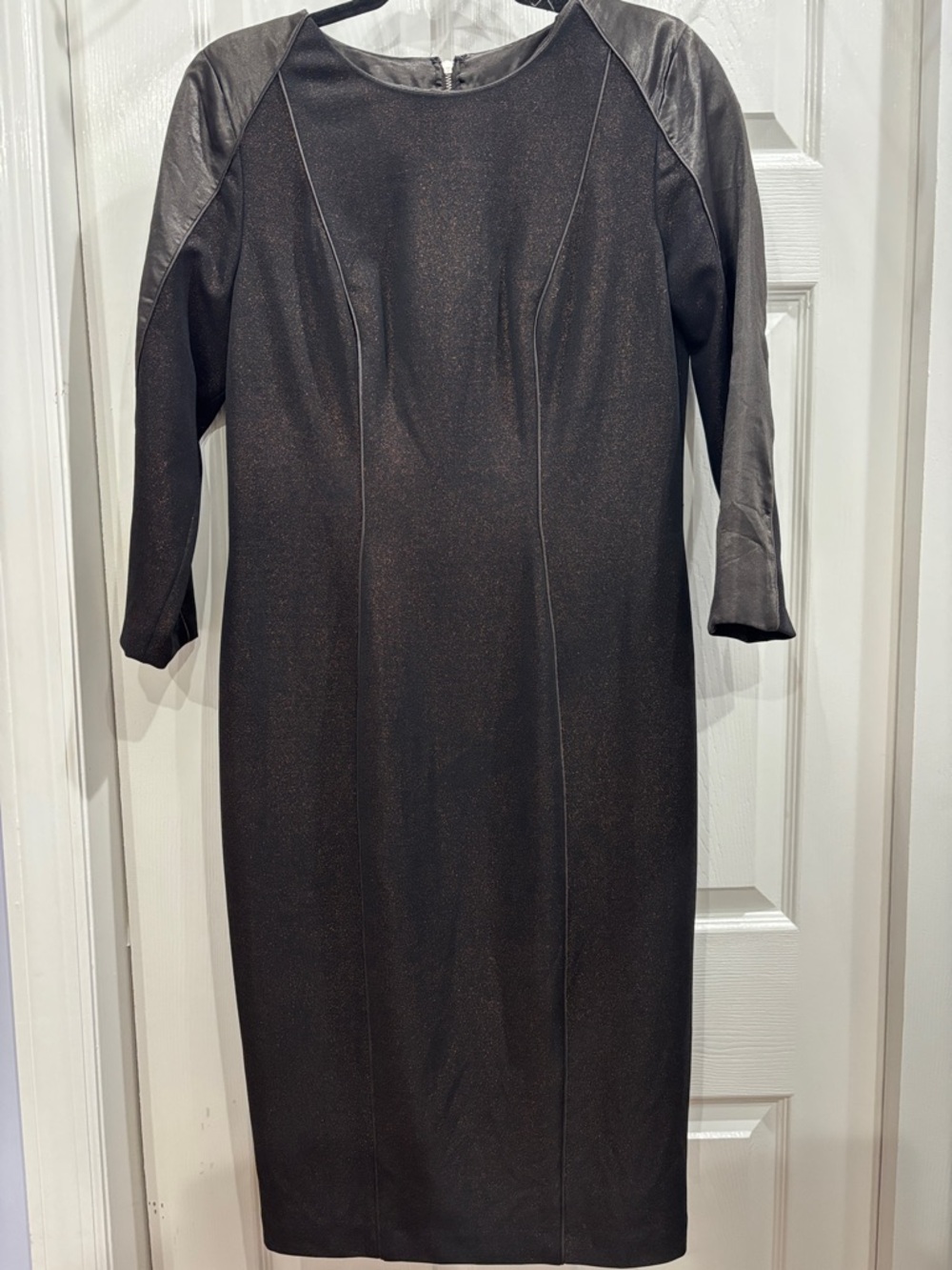 project RUNWAY Metallic Brown Sheath Dress with Satin Panels